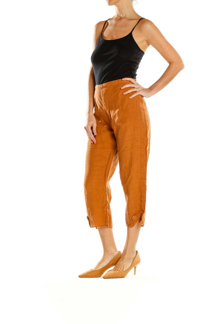 Front view of orange linen cropped wide-leg pants from Click by Color Me Cotton