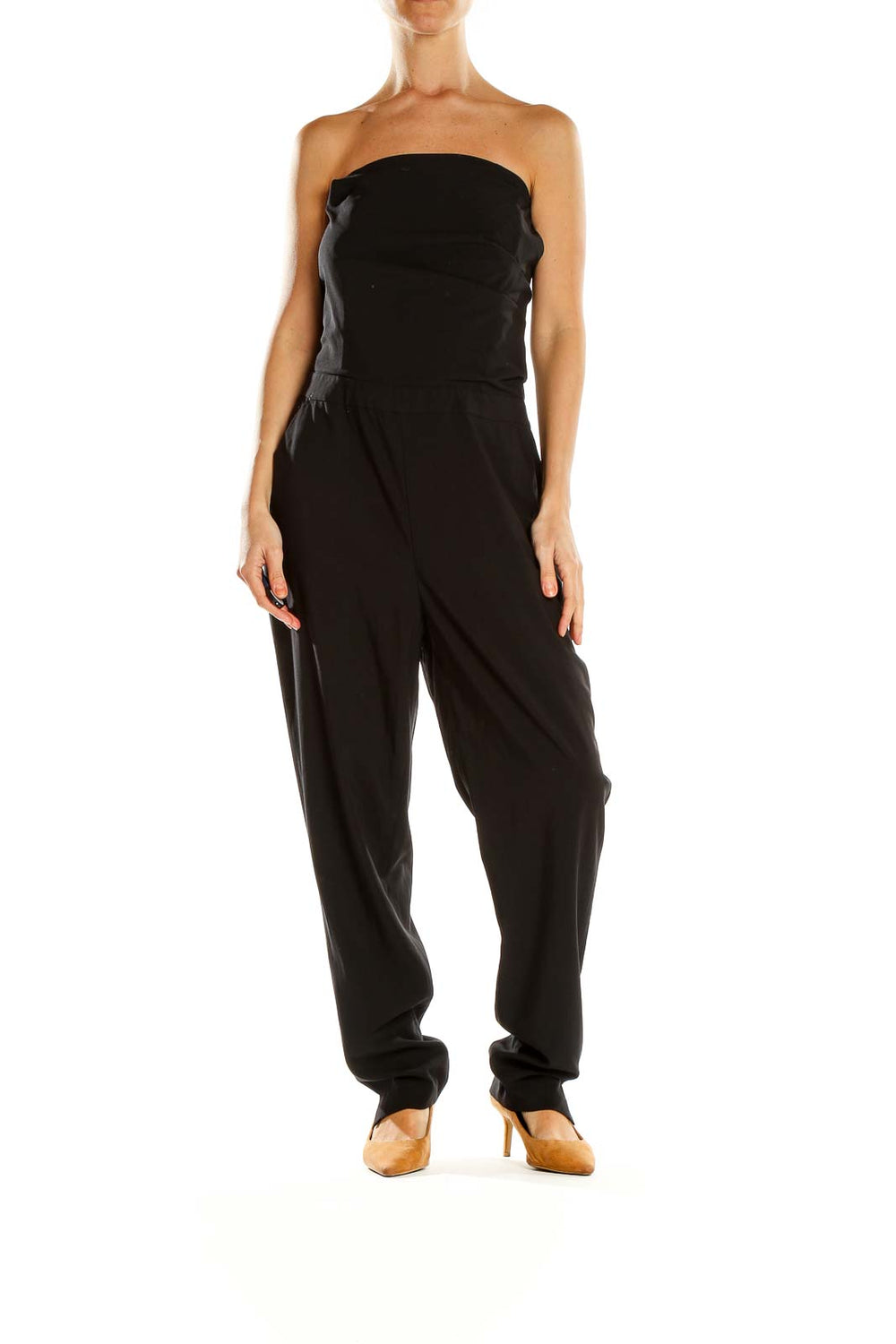Front view of black strapless jumpsuit by Silence + Noise