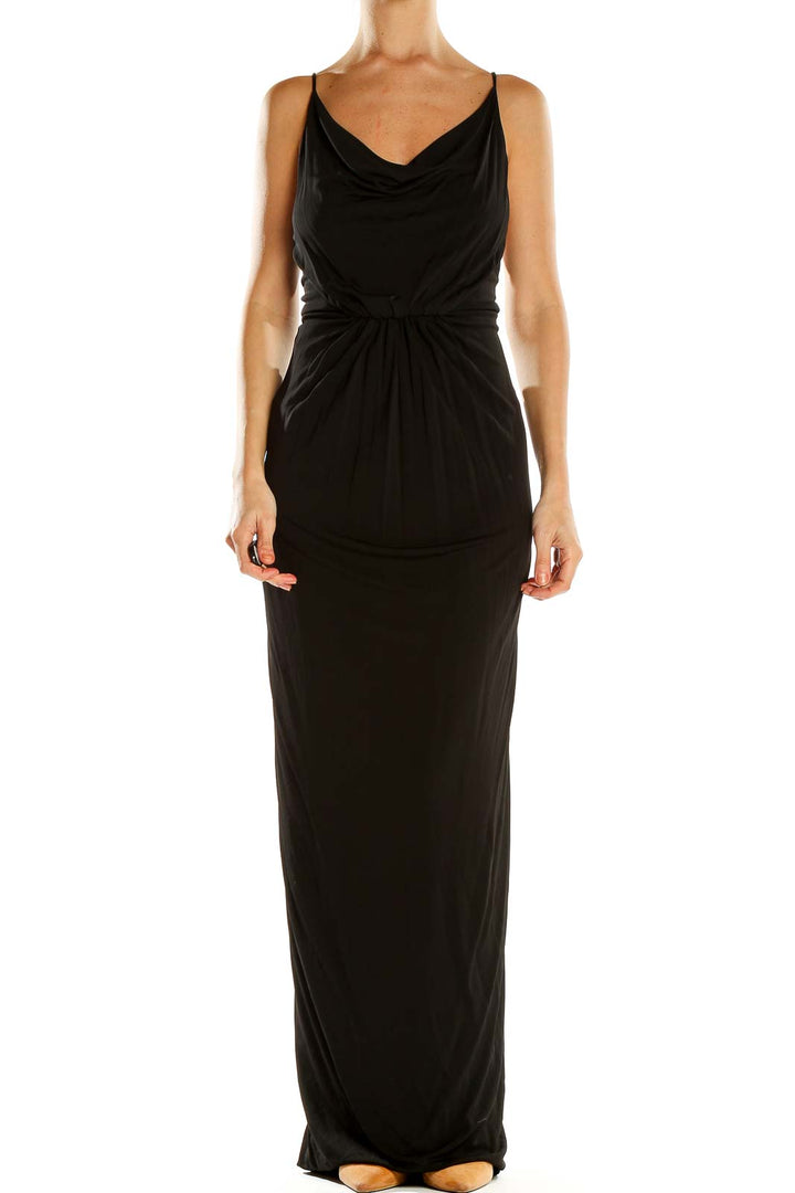 Front view of Cut25 black cowl neck maxi dress with gathered waist