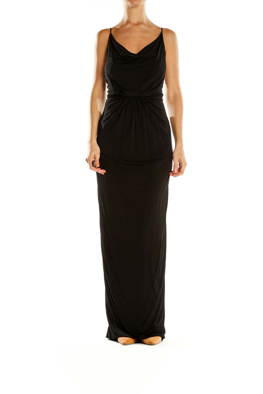 Front view of Cut25 black cowl neck maxi dress with gathered waist
