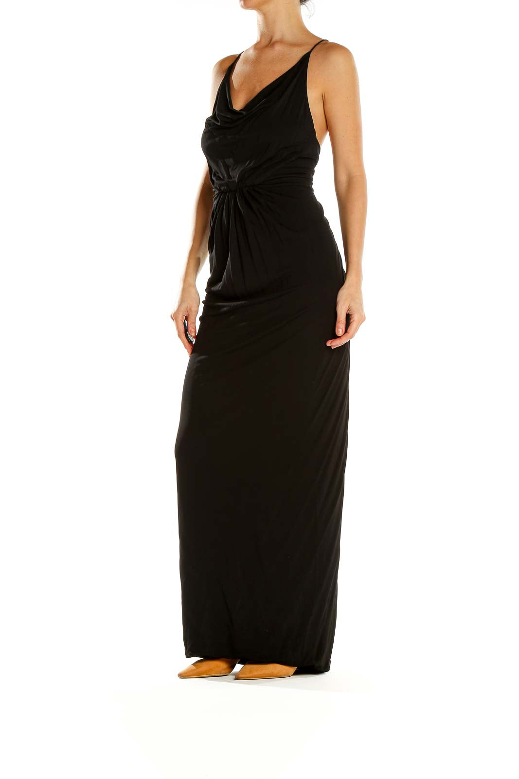 Front view of Cut25 black cowl neck maxi dress with gathered waist
