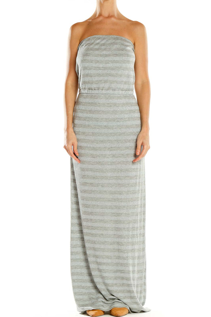 Front view of Gray Striped Strapless Maxi Dress from White House Black Market