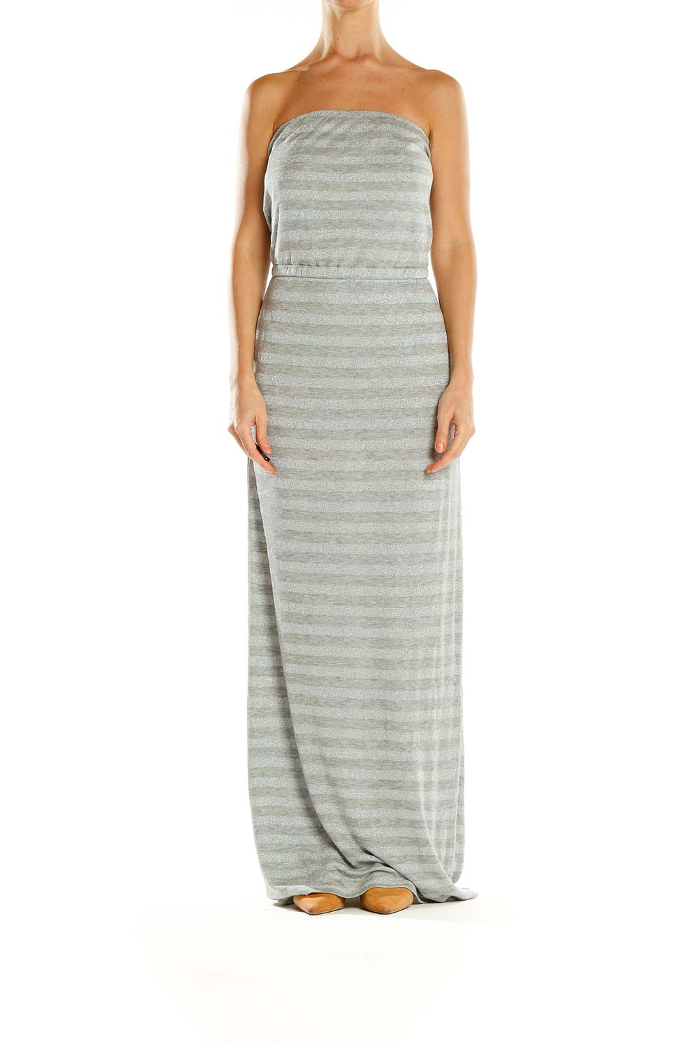 Front view of Gray Striped Strapless Maxi Dress from White House Black Market
