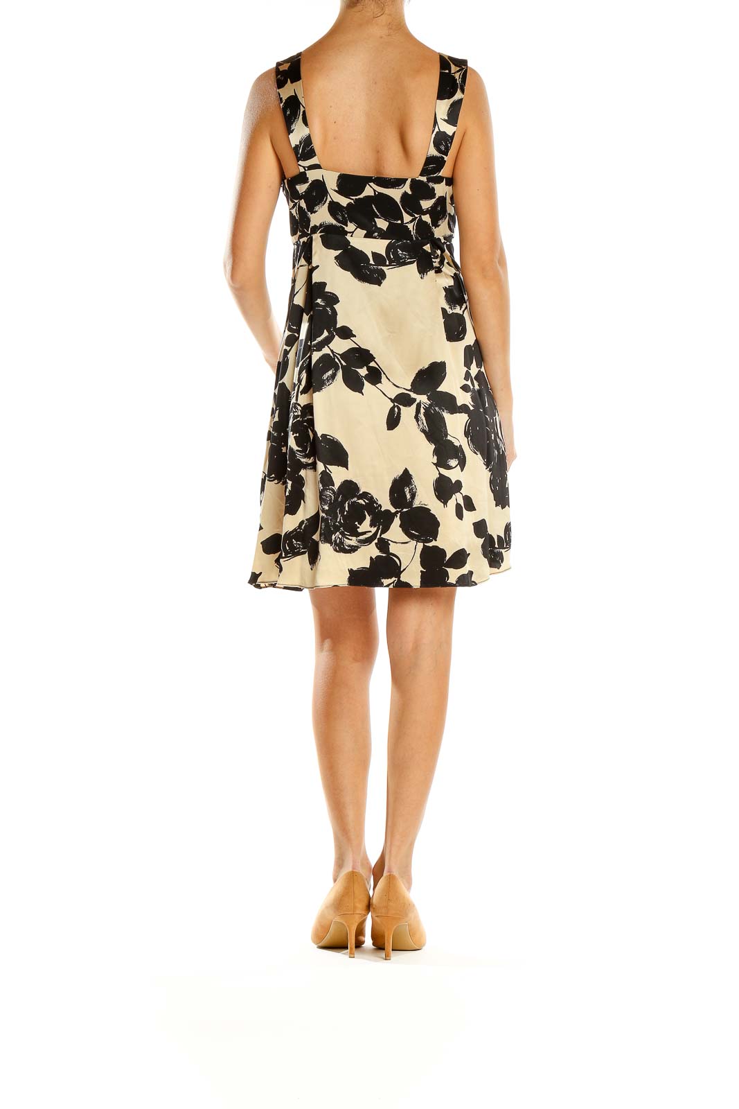 Side view of Milly Black and Cream Floral Print Sleeveless Dress showing A-line silhouette