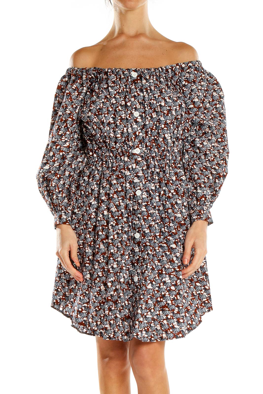 Front view of MWAYI brown floral off-shoulder mini dress with billowy sleeves