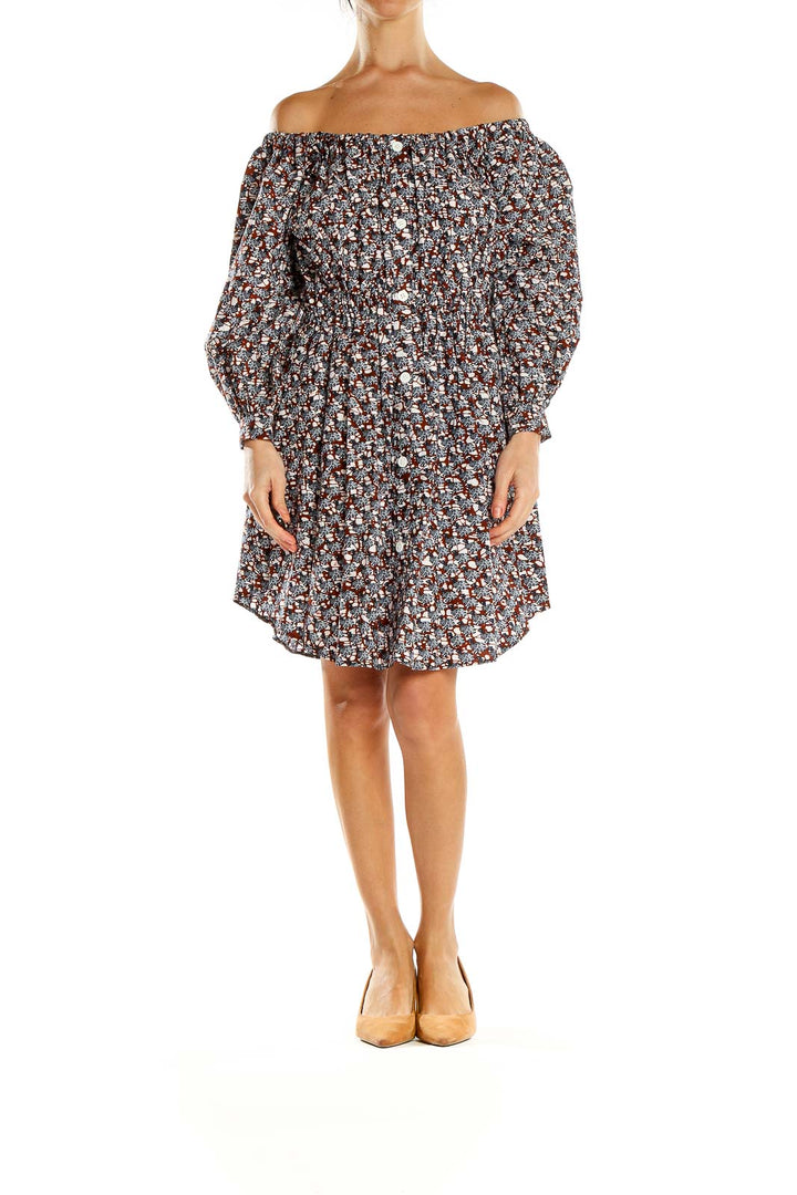 Front view of MWAYI brown floral off-shoulder mini dress with billowy sleeves