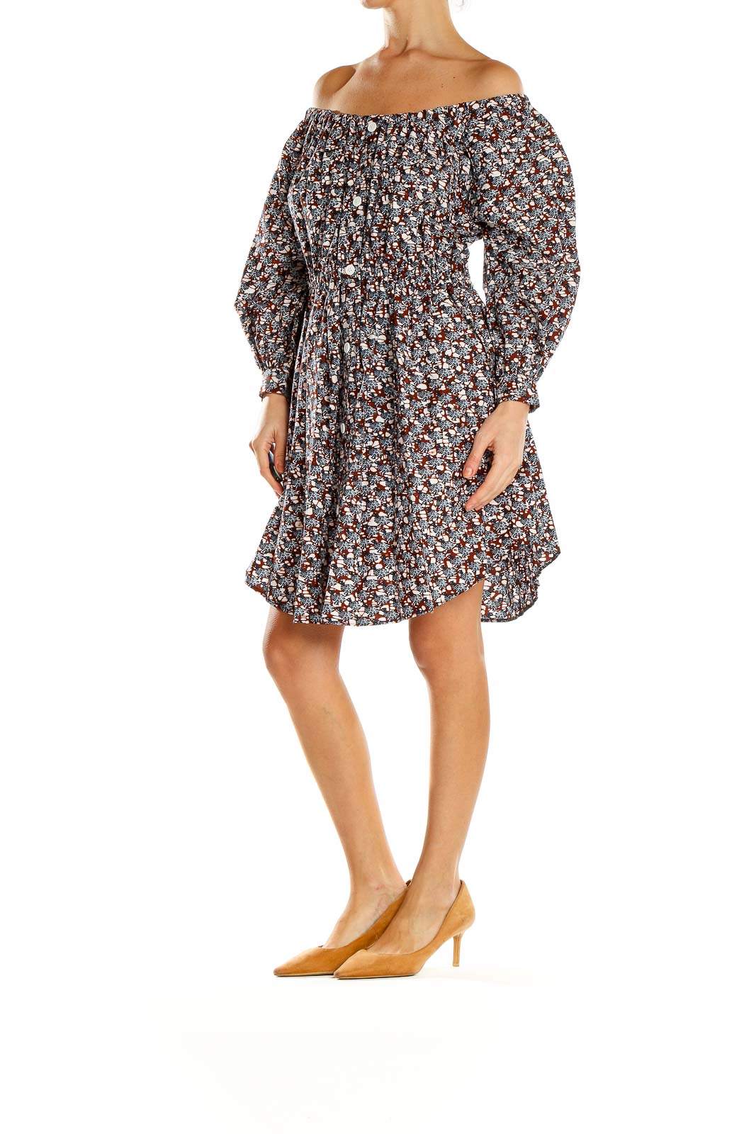 Front view of MWAYI brown floral off-shoulder mini dress with billowy sleeves