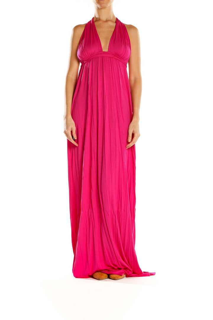 Front view of Rachel Pally hot pink halter maxi dress on model