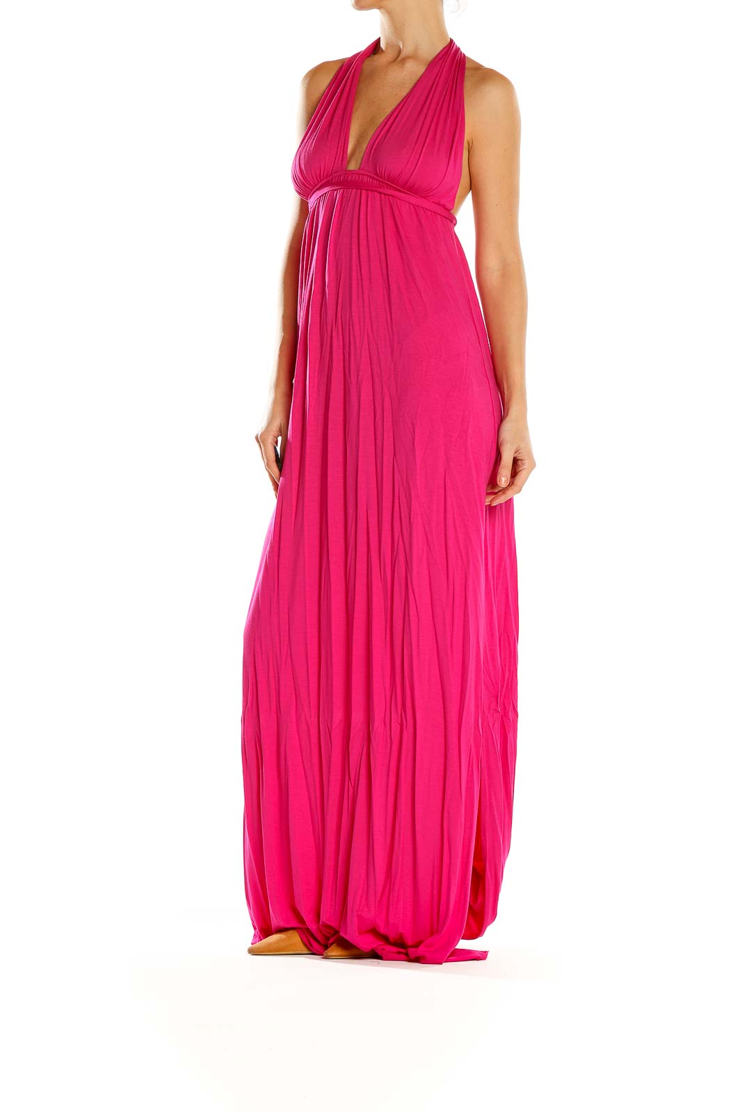 Front view of Rachel Pally hot pink halter maxi dress on model
