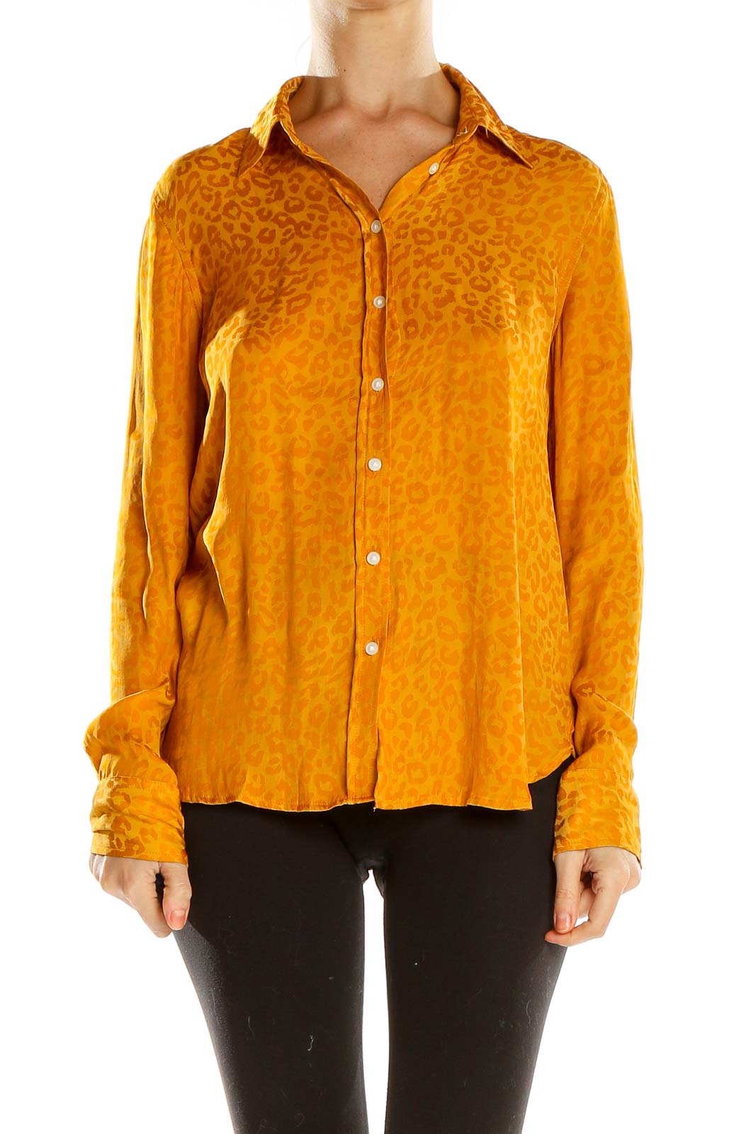 Front view of Banana Republic golden leopard print button-down shirt