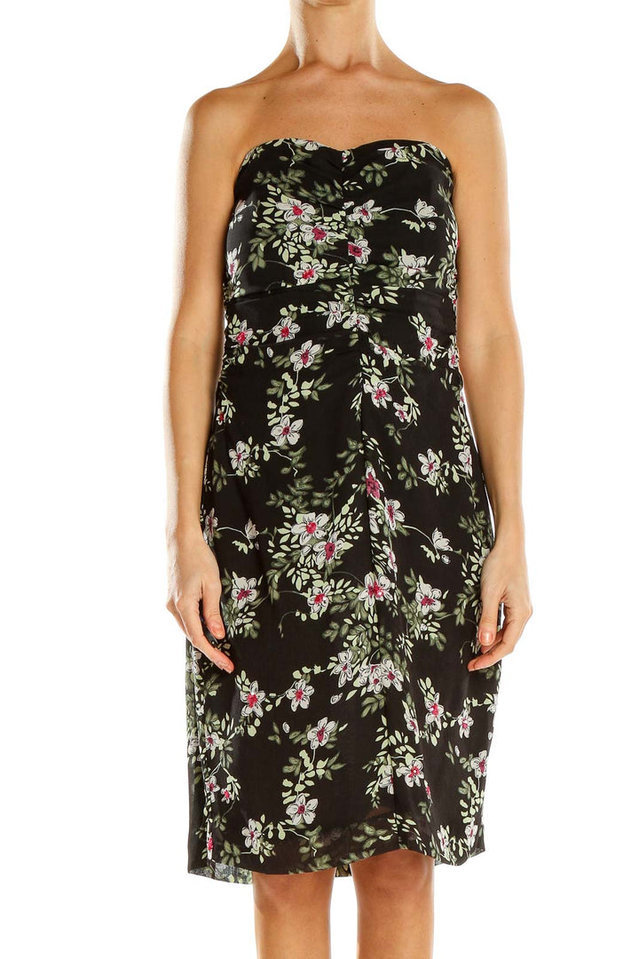 Front view of Nicole Miller black floral strapless cocktail dress