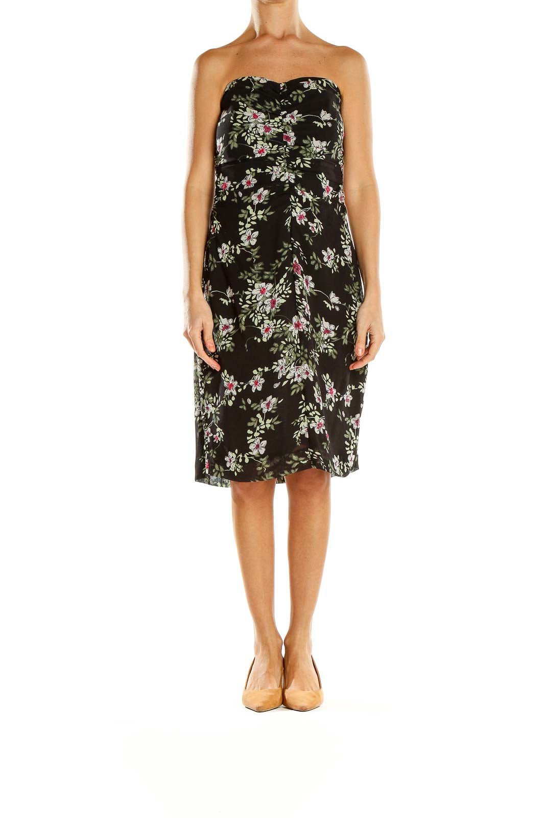 Front view of Nicole Miller black floral strapless cocktail dress