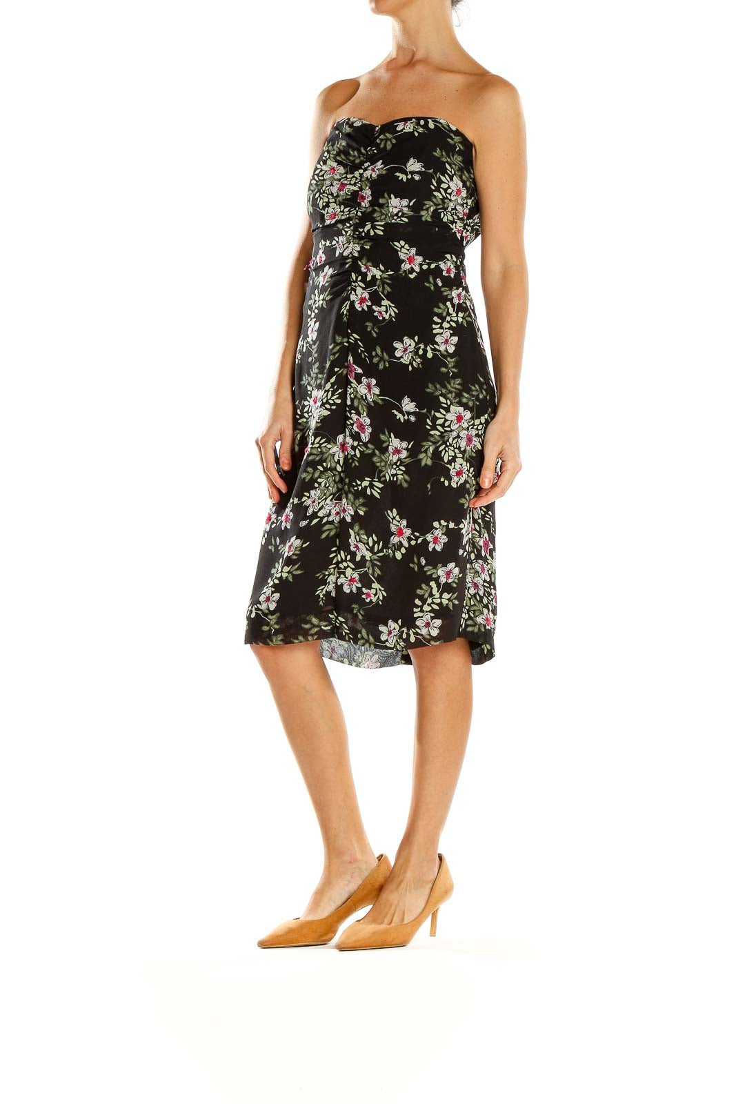 Front view of Nicole Miller black floral strapless cocktail dress