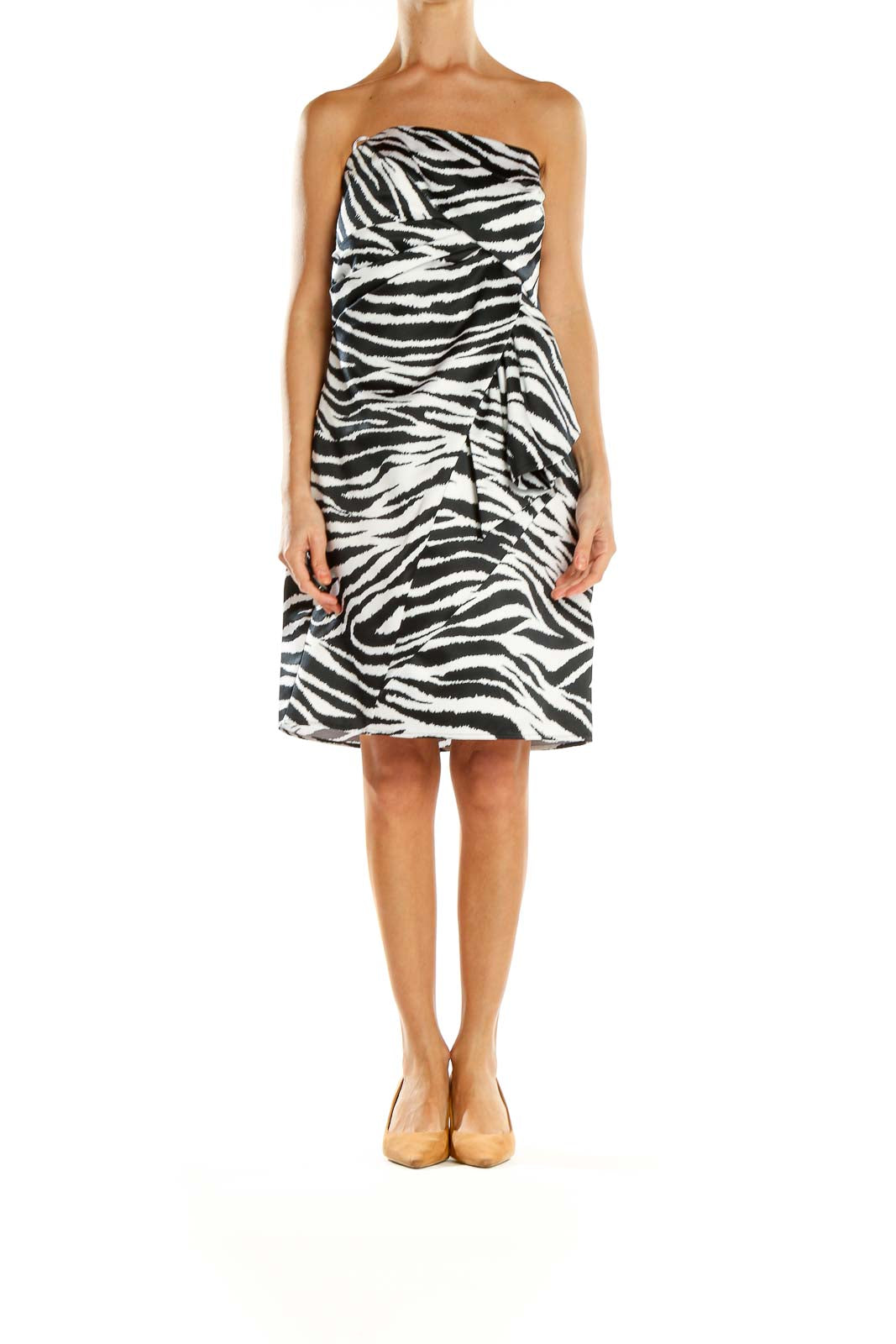 Front view of black and white zebra print strapless dress by a.b.s collection