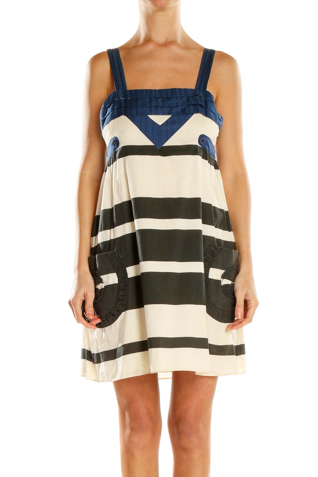 Front view of Twinkle Navy Striped Sleeveless Mini Dress with square neckline and patch pockets