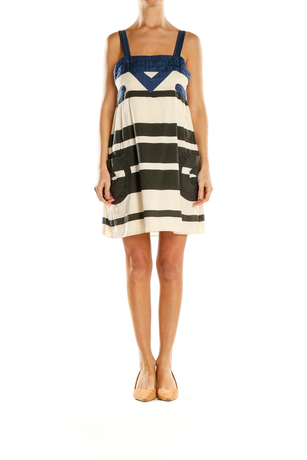 Front view of Twinkle Navy Striped Sleeveless Mini Dress with square neckline and patch pockets