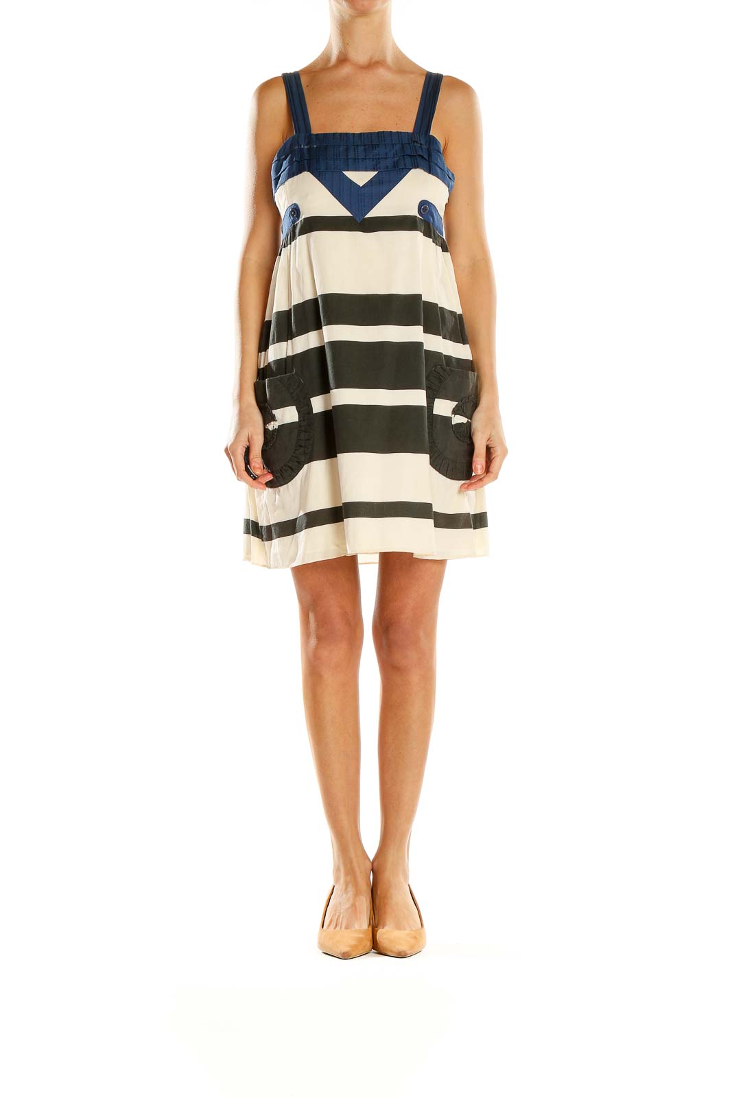 Front view of Twinkle Navy Striped Sleeveless Mini Dress with square neckline and patch pockets
