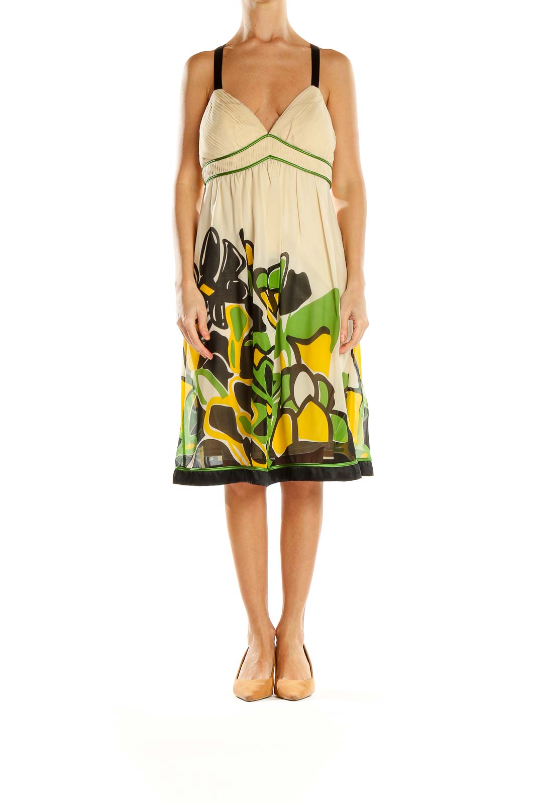 Front view of Sue Wong cream floral print empire waist dress