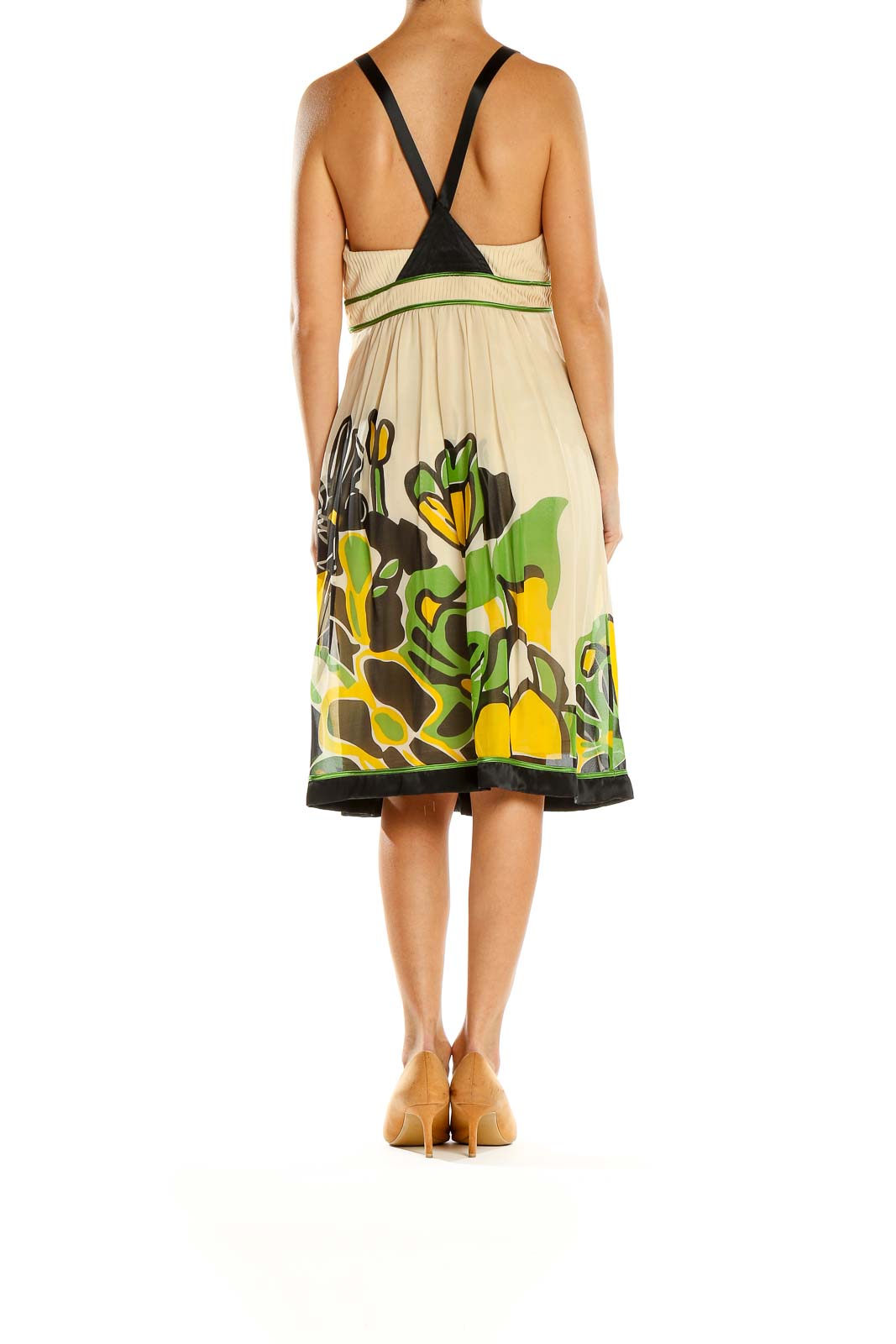 Back view of Sue Wong cream floral print empire waist dress