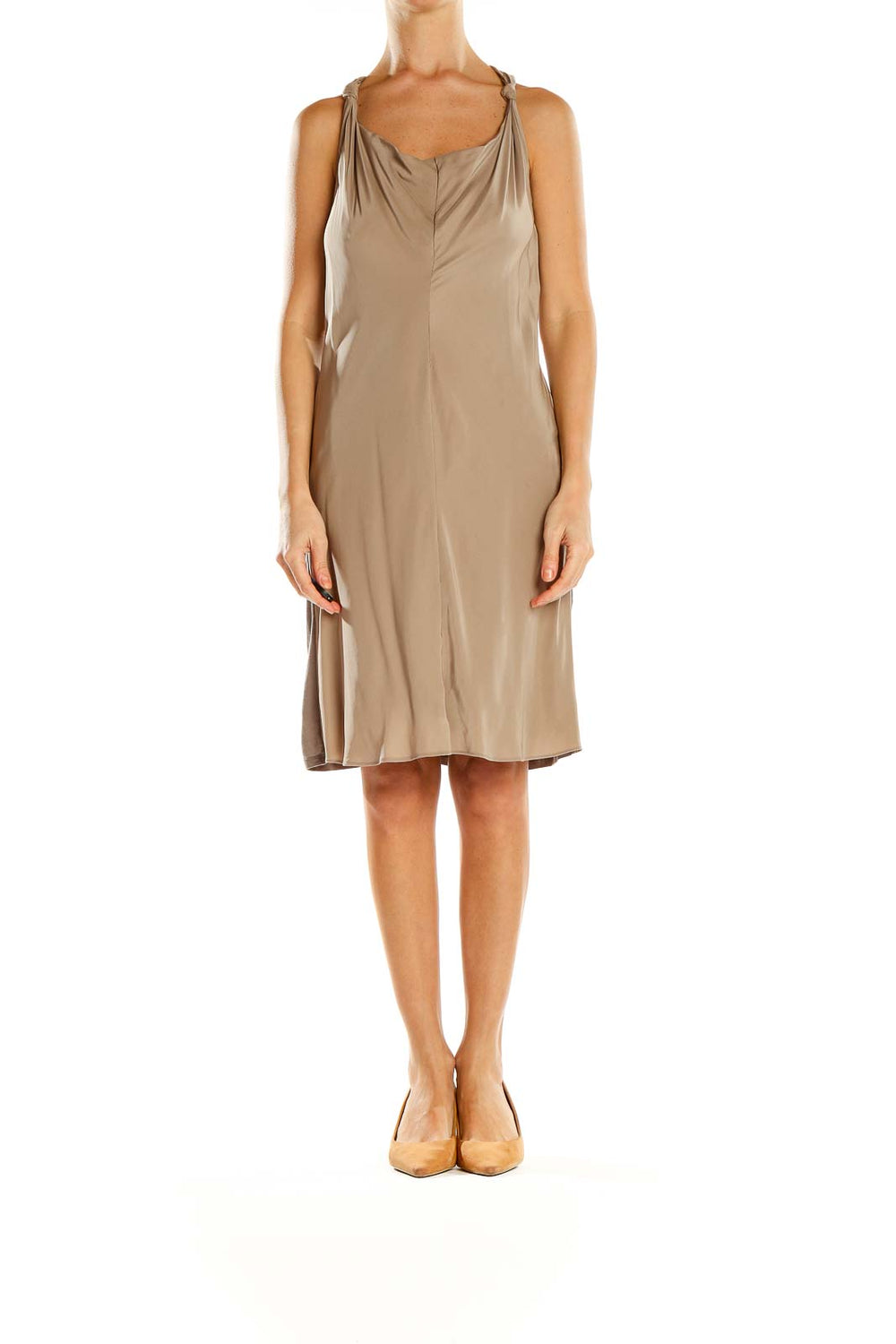 Front view of Banana Republic beige sleeveless midi dress with knotted straps