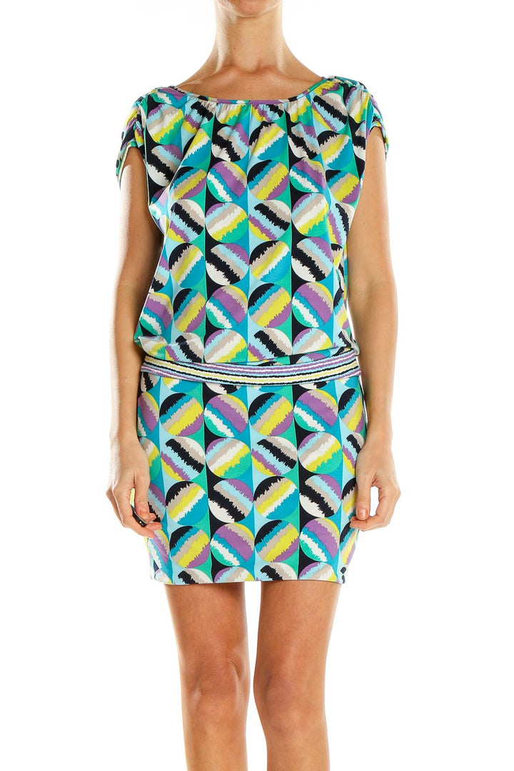 Front view of BCBG MaxAzria multicolor geometric print mini dress