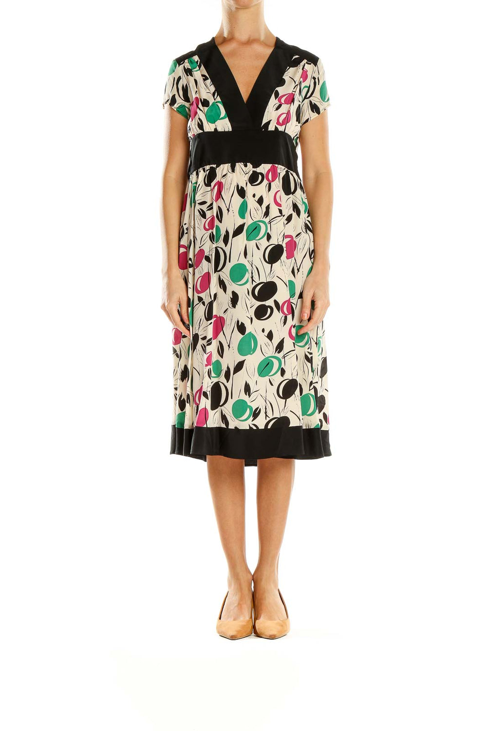 Front view of Corey Lynn Calter multicolor floral print empire waist midi dress