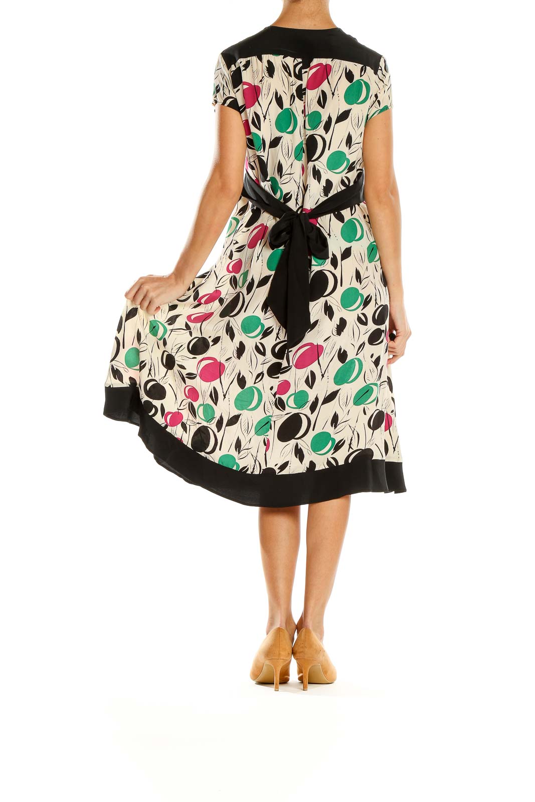 Back view of Corey Lynn Calter multicolor floral print empire waist midi dress