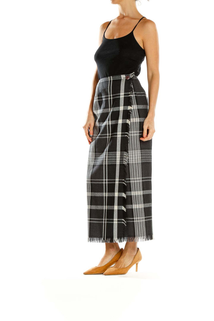 Front view of Adrienne Vittadini black and white plaid maxi skirt