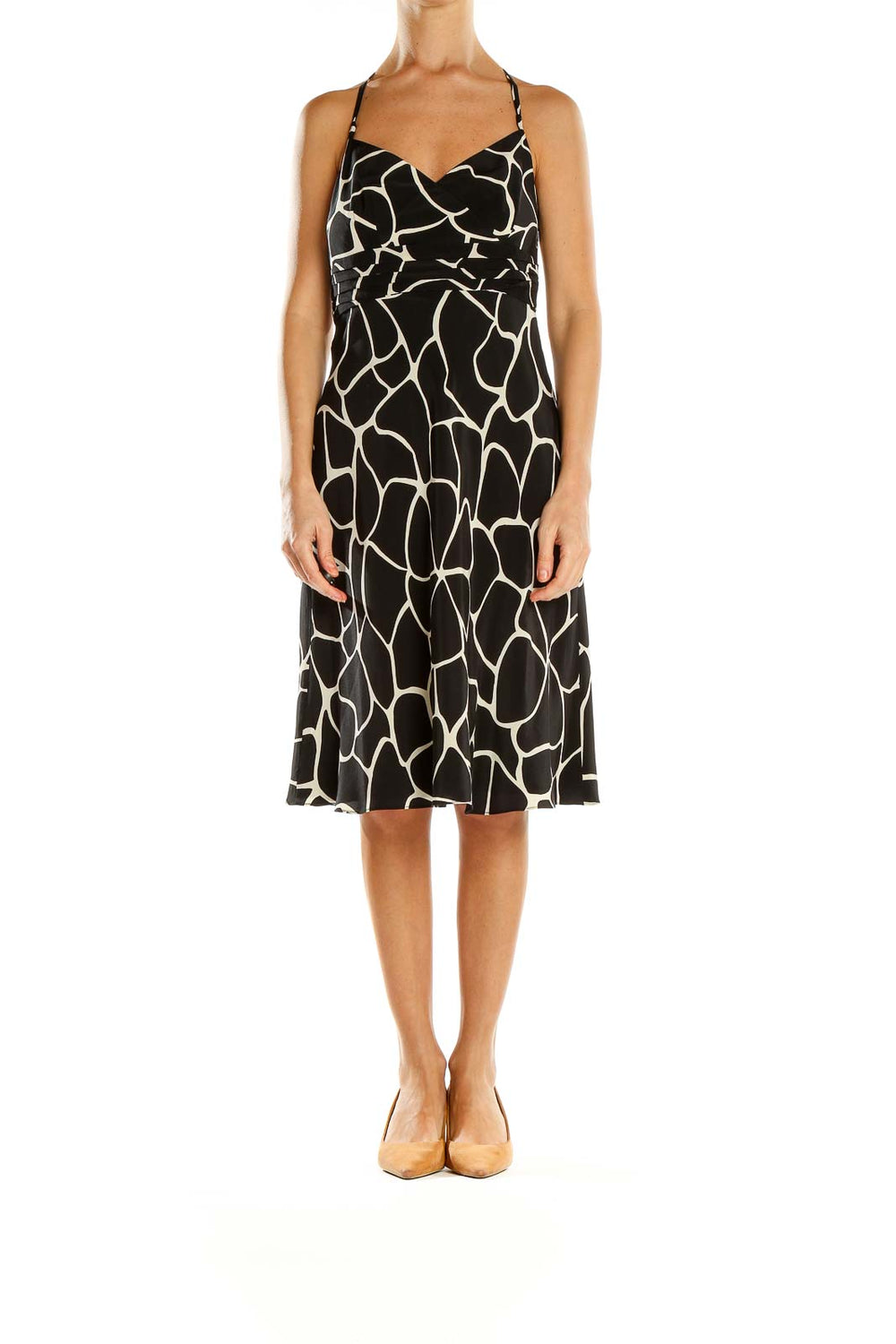 Front view of Ann Taylor black and white giraffe print halter dress