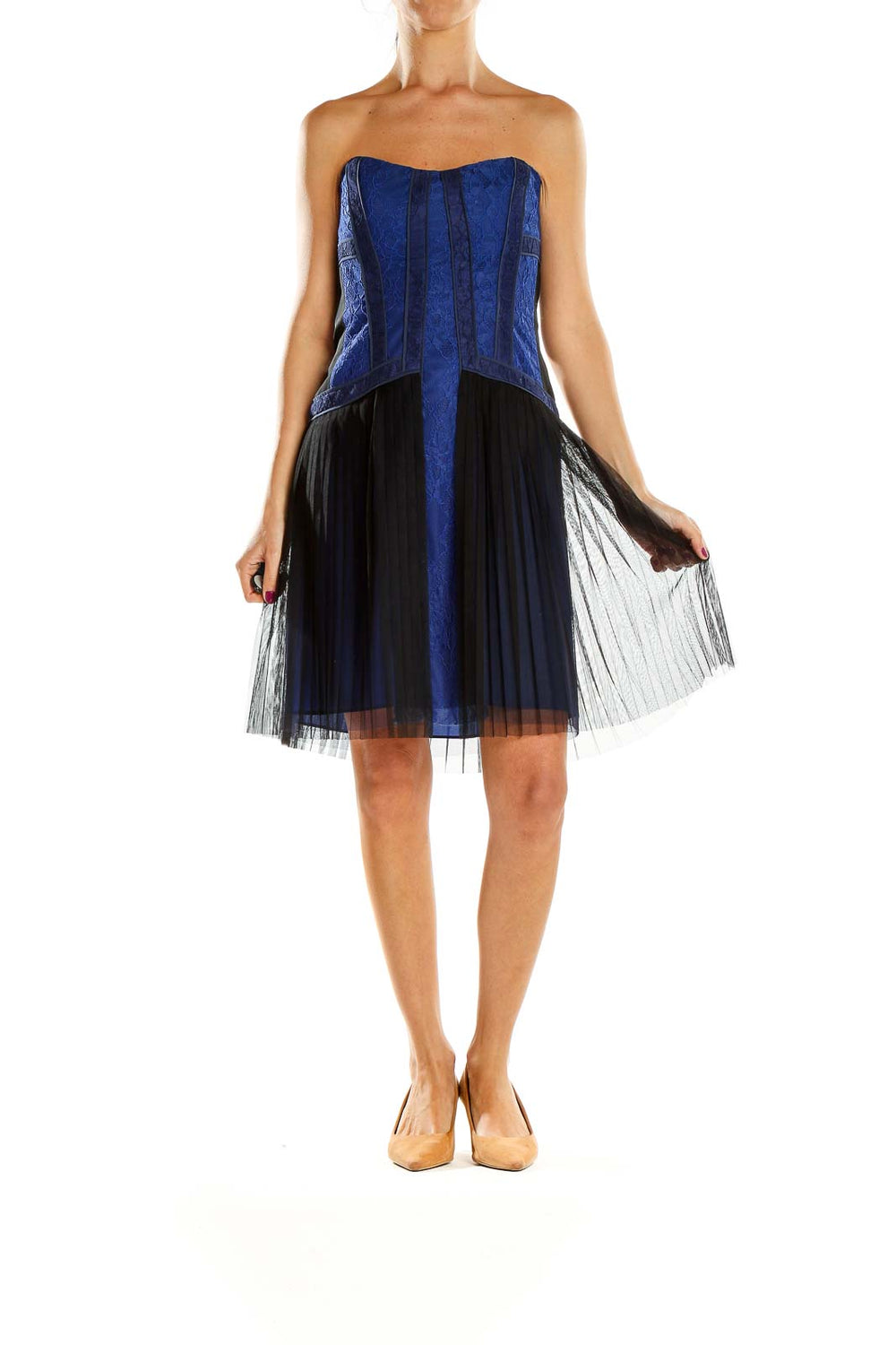 Front view of BCBG MaxAzria blue strapless cocktail dress with tulle skirt