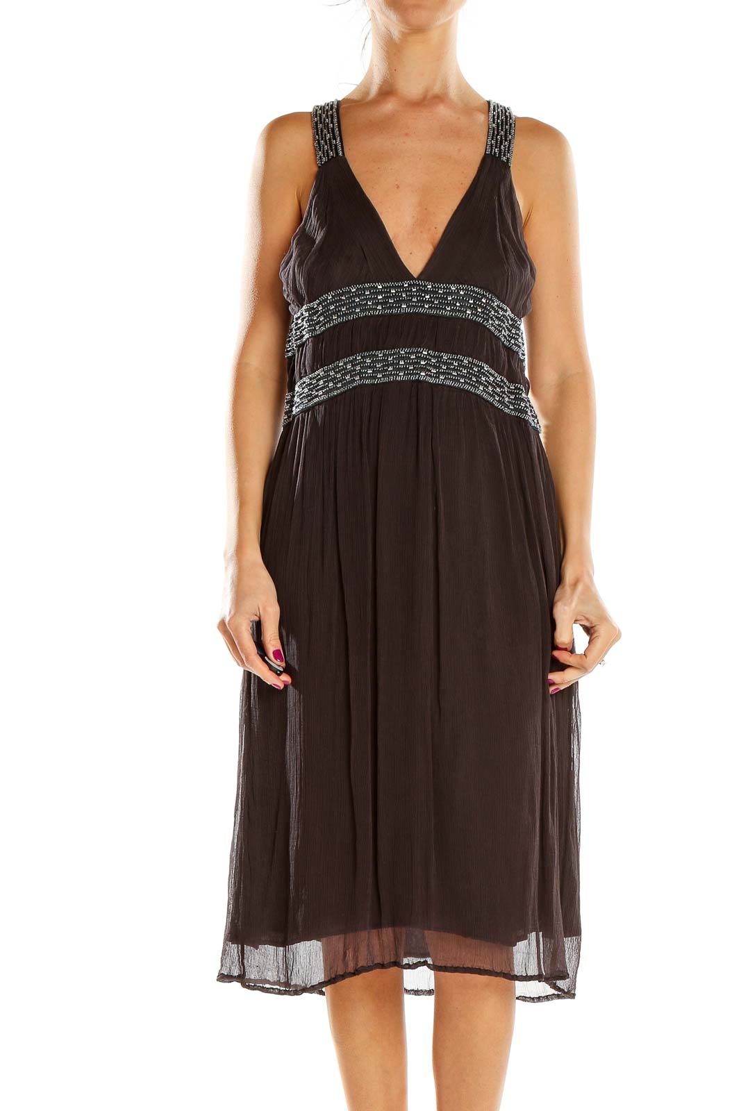 Front view of French Connection black embellished V-neck midi dress