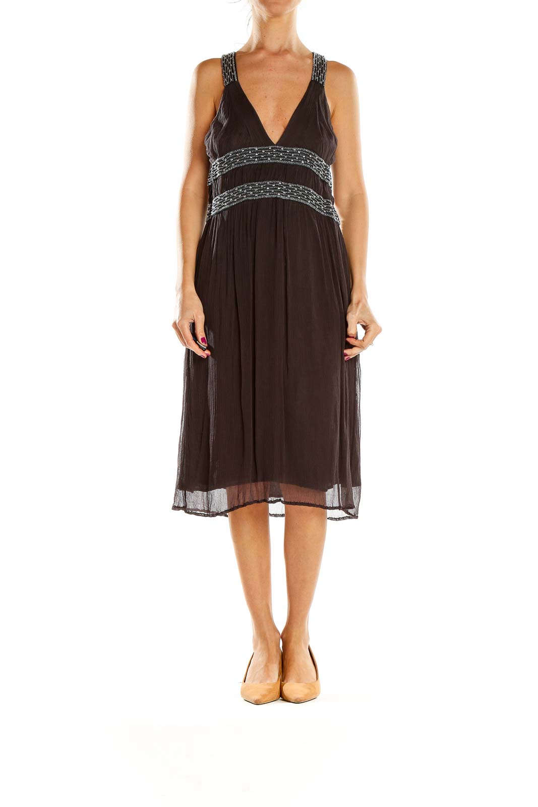 Front view of French Connection black embellished V-neck midi dress