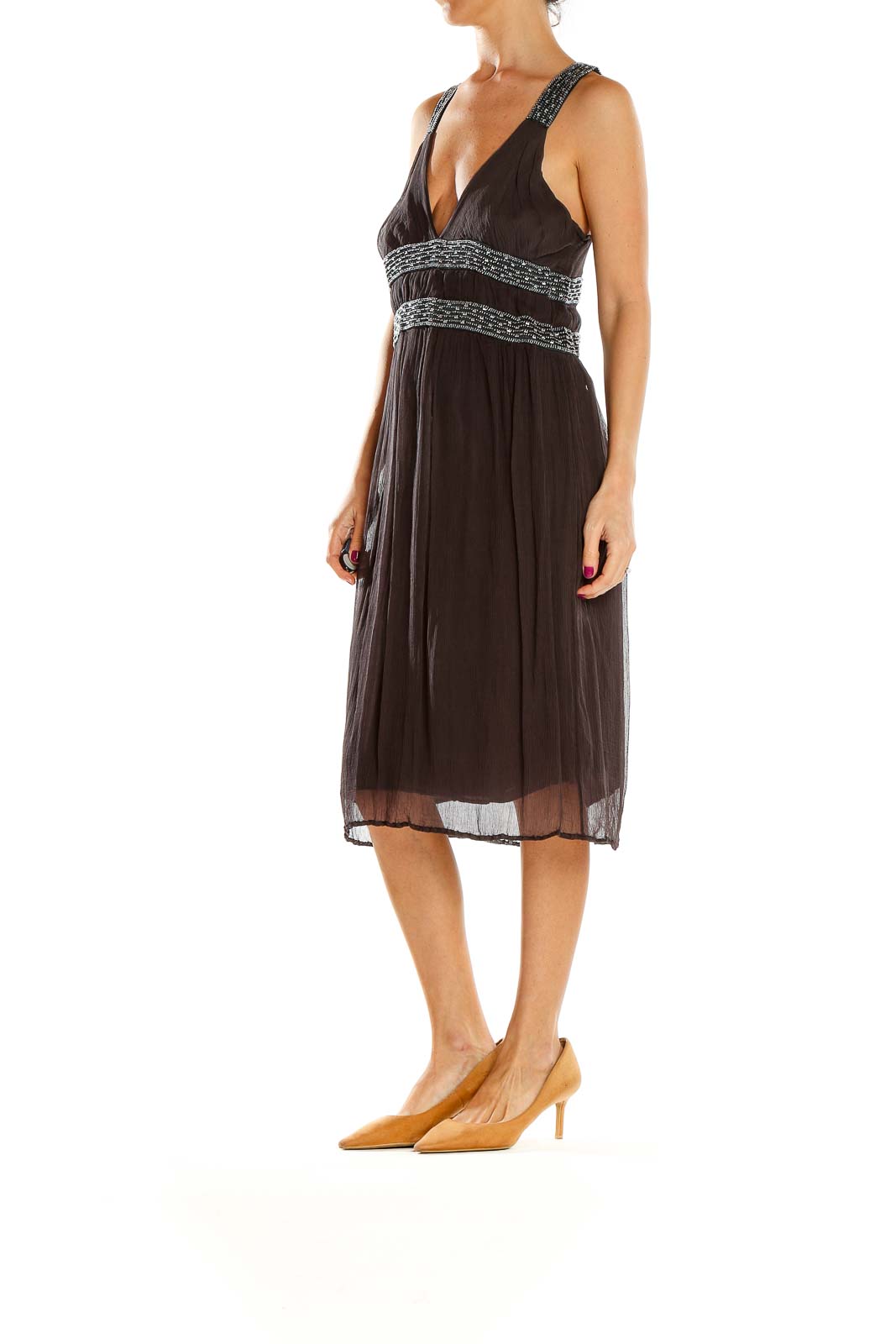 Front view of French Connection black embellished V-neck midi dress