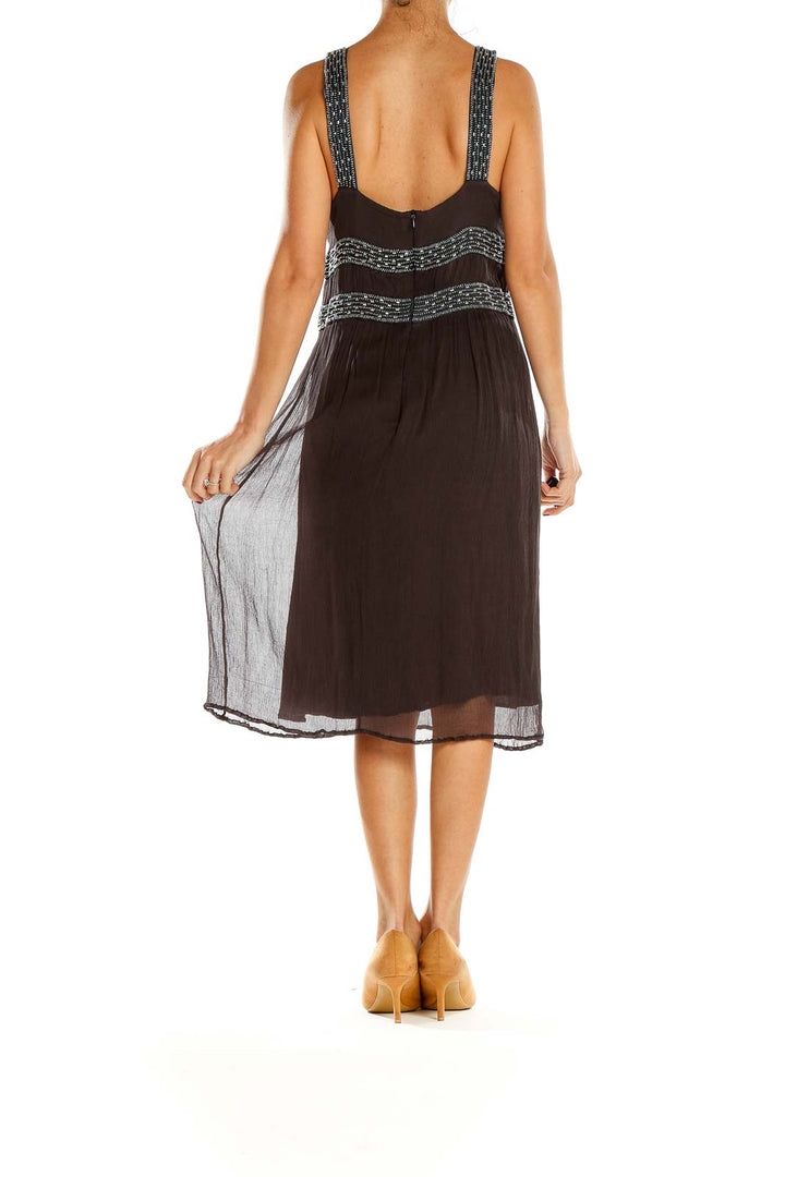 Side view of French Connection black embellished V-neck midi dress