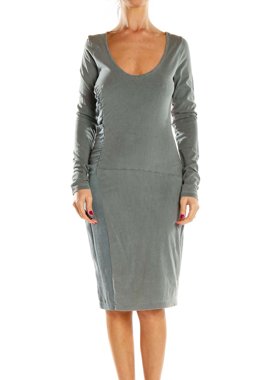 Front view of gray bodycon midi dress with scoop neck and long sleeves