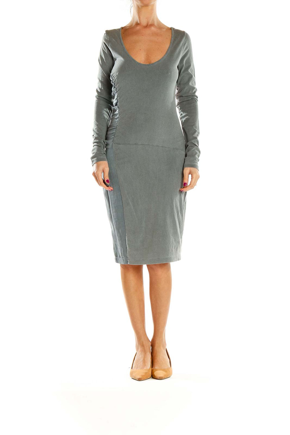 Front view of gray bodycon midi dress with scoop neck and long sleeves