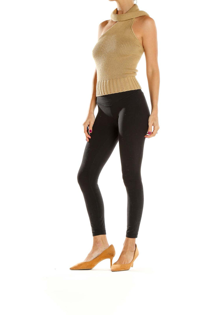 Front view of Sisley beige asymmetrical halter neck knit top