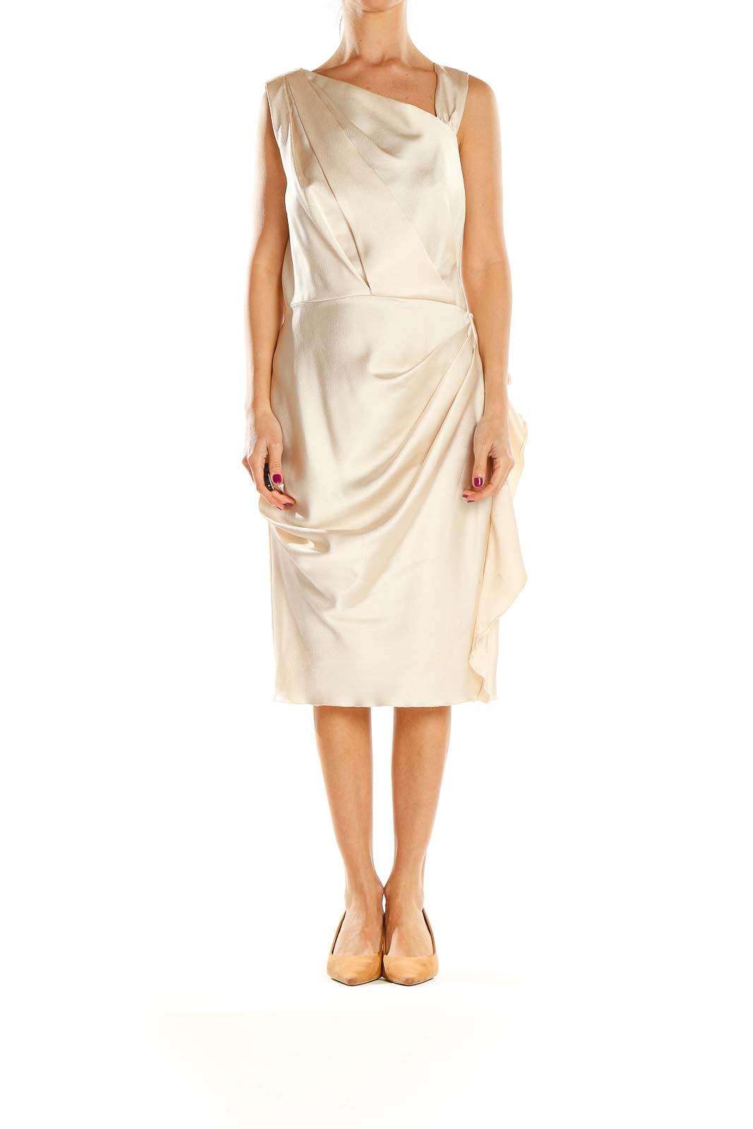 Front view of ivory draped sleeveless midi dress by Donna Morgan