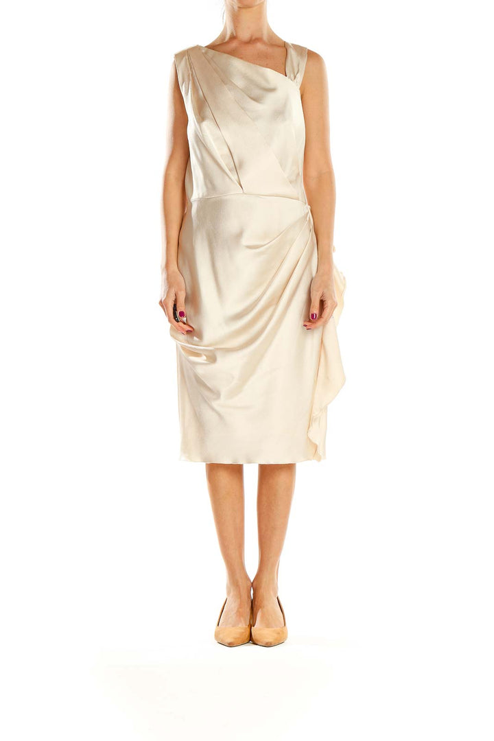 Front view of ivory draped sleeveless midi dress by Donna Morgan