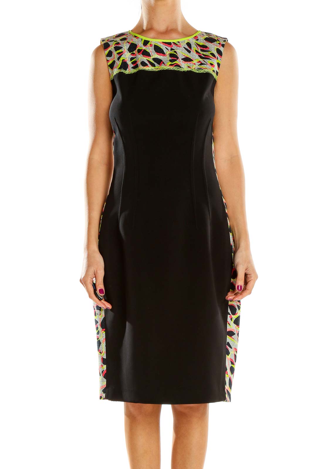 Front view of Elie Tahari black sheath dress with colorful abstract pattern at neckline and sides
