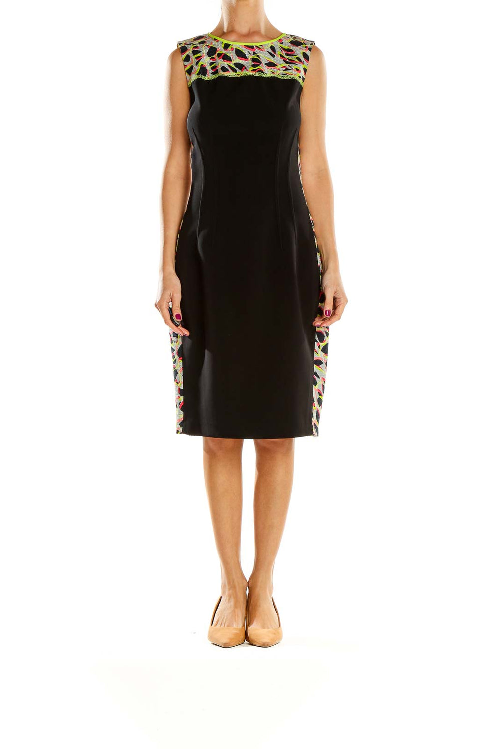 Front view of Elie Tahari black sheath dress with colorful abstract pattern at neckline and sides