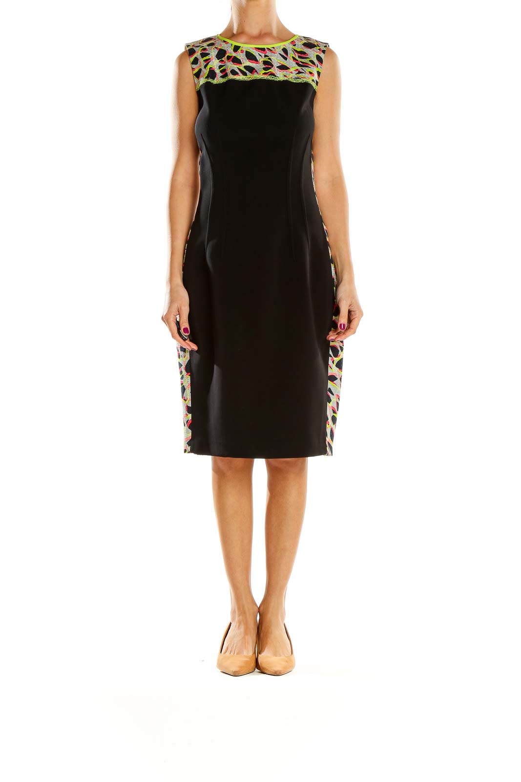 Front view of Elie Tahari black sheath dress with colorful abstract pattern at neckline and sides