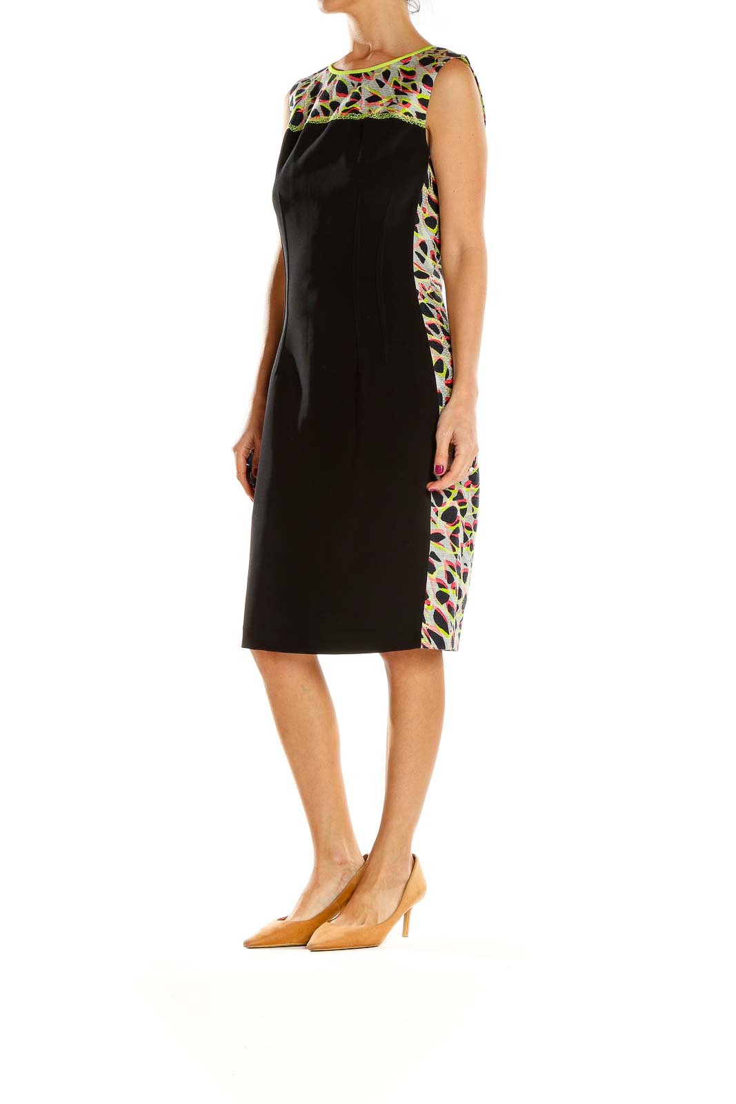 Front view of Elie Tahari black sheath dress with colorful abstract pattern at neckline and sides