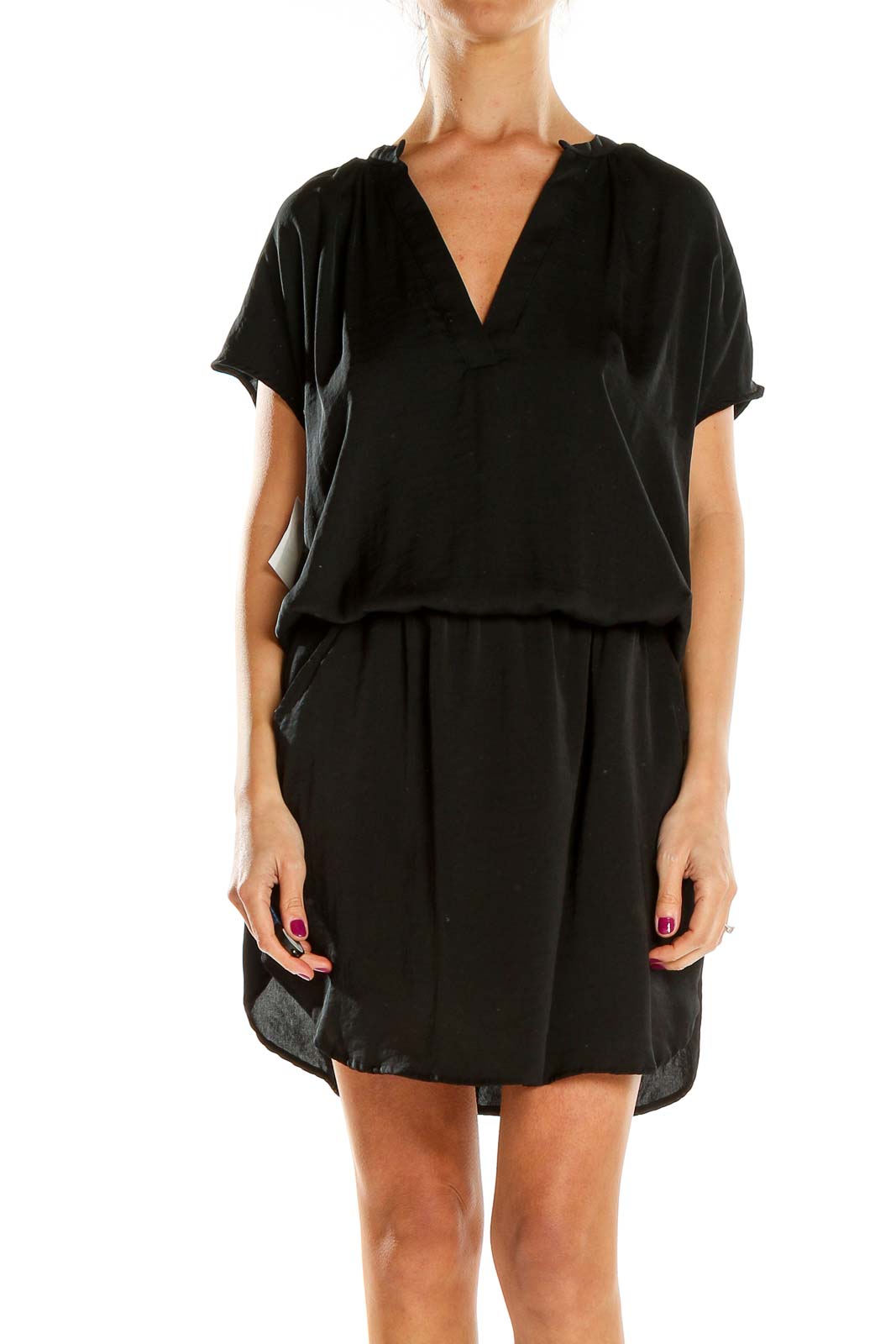 Front view of black V-neck mini dress from Banana Republic
