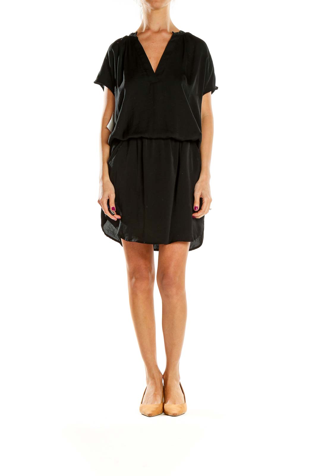 Front view of black V-neck mini dress from Banana Republic