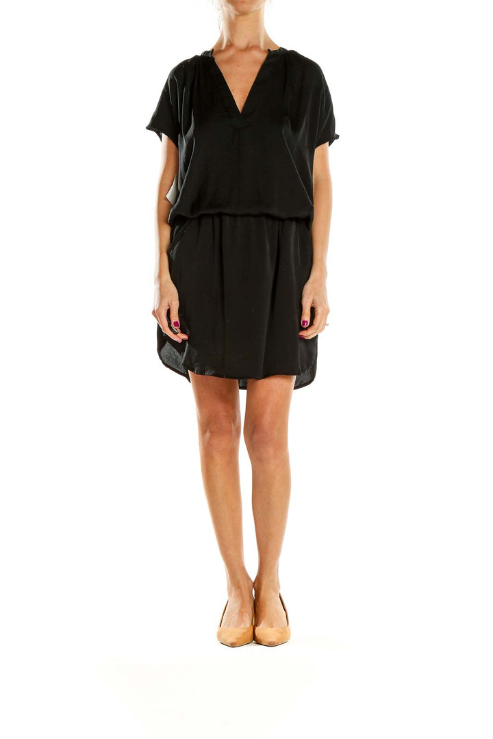 Front view of black V-neck mini dress from Banana Republic