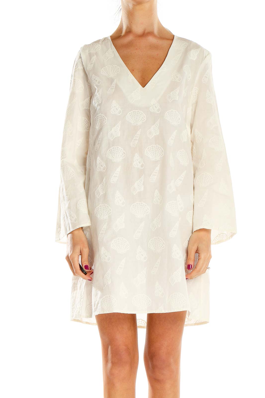 Front view of white embroidered V-neck shift dress from & Other Stories