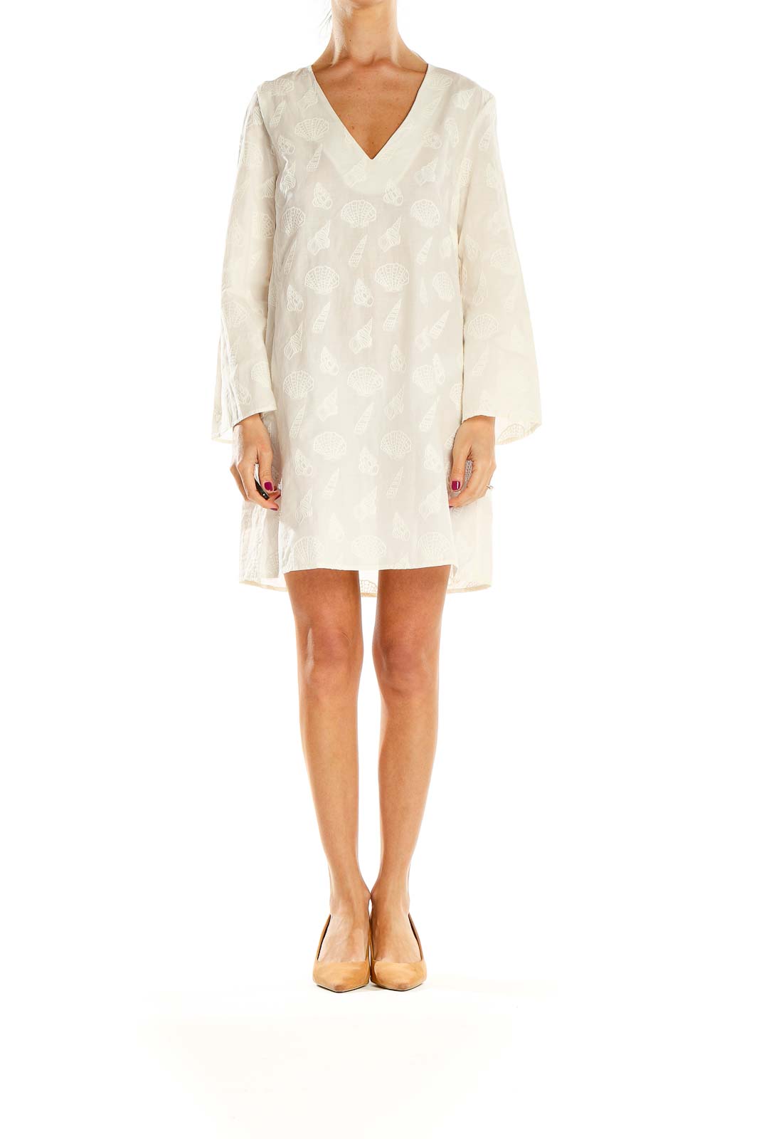 Front view of white embroidered V-neck shift dress from & Other Stories