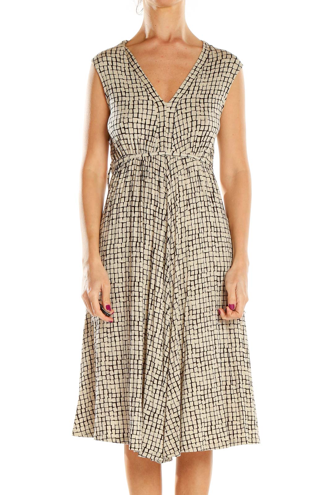 Front view of Jigsaw London beige geometric print V-neck midi dress