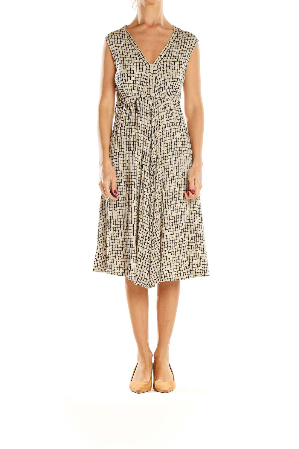 Front view of Jigsaw London beige geometric print V-neck midi dress